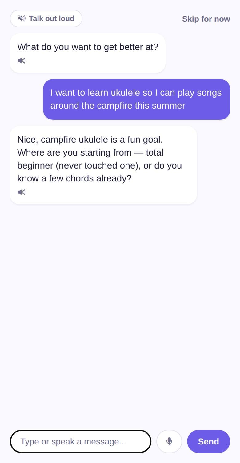 The Skilli chat setting up a new skill: learning ukulele for campfire songs