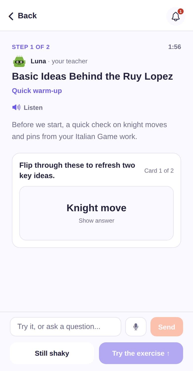 A Skilli chess lesson with a flashcard warm-up